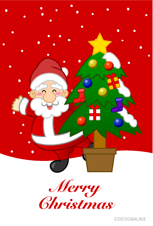 Santa and Christmas tree in snowfall background