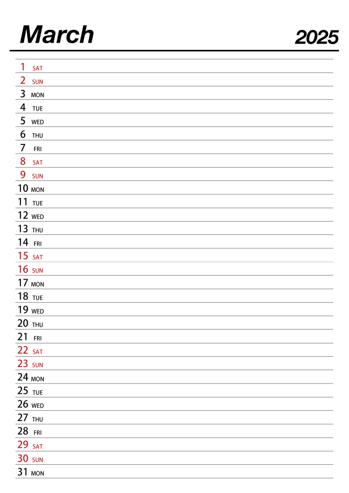 March 2025 Schedule Calendar