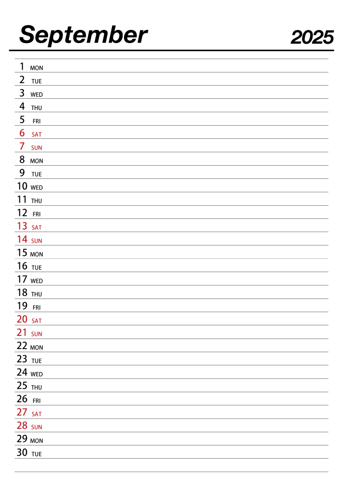 September 2025 Schedule Calendar