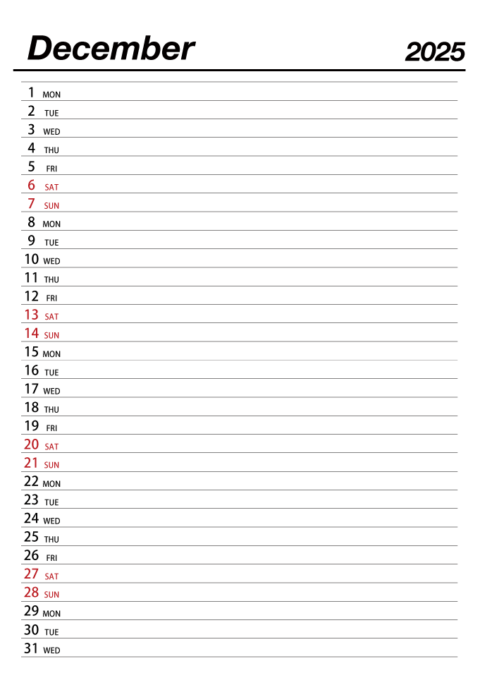 December 2025 Schedule Calendar