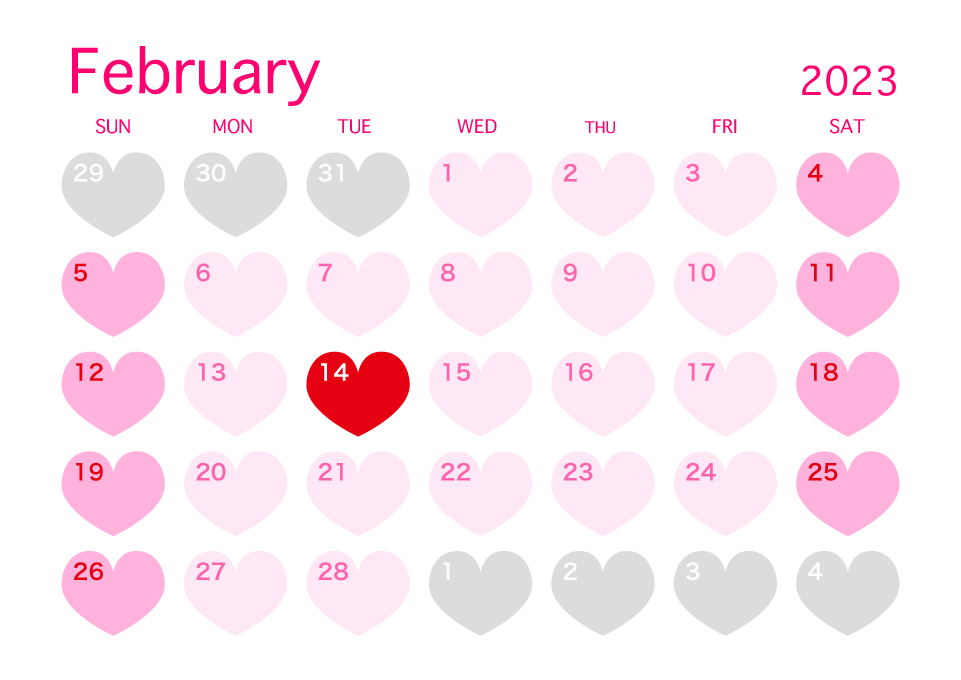 February 2023 Pink Heart Calendar