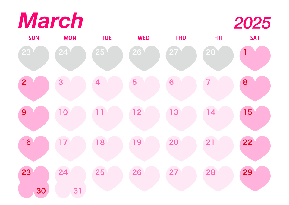 Calendario de corazón rosa de marzo de 2025