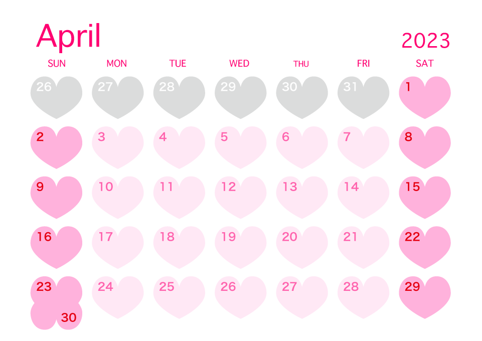 April 2023 Pink Heart Calendar