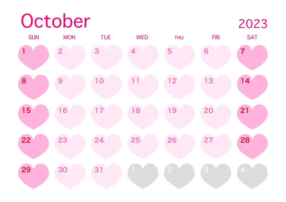 October 2023 Pink Heart Calendar