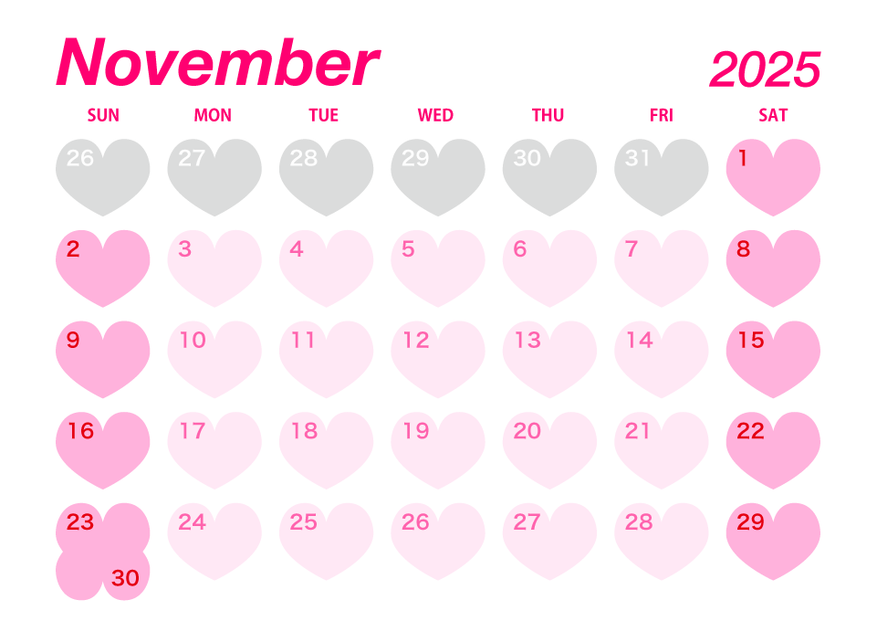 November 2025 Pink Heart Calendar