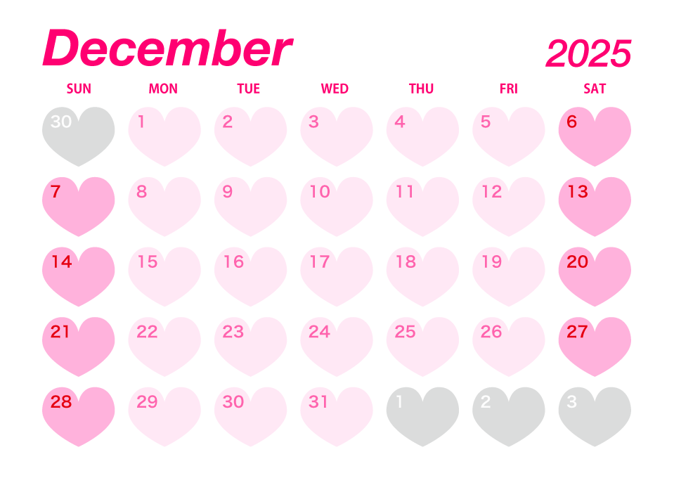 December 2025 Pink Heart Calendar