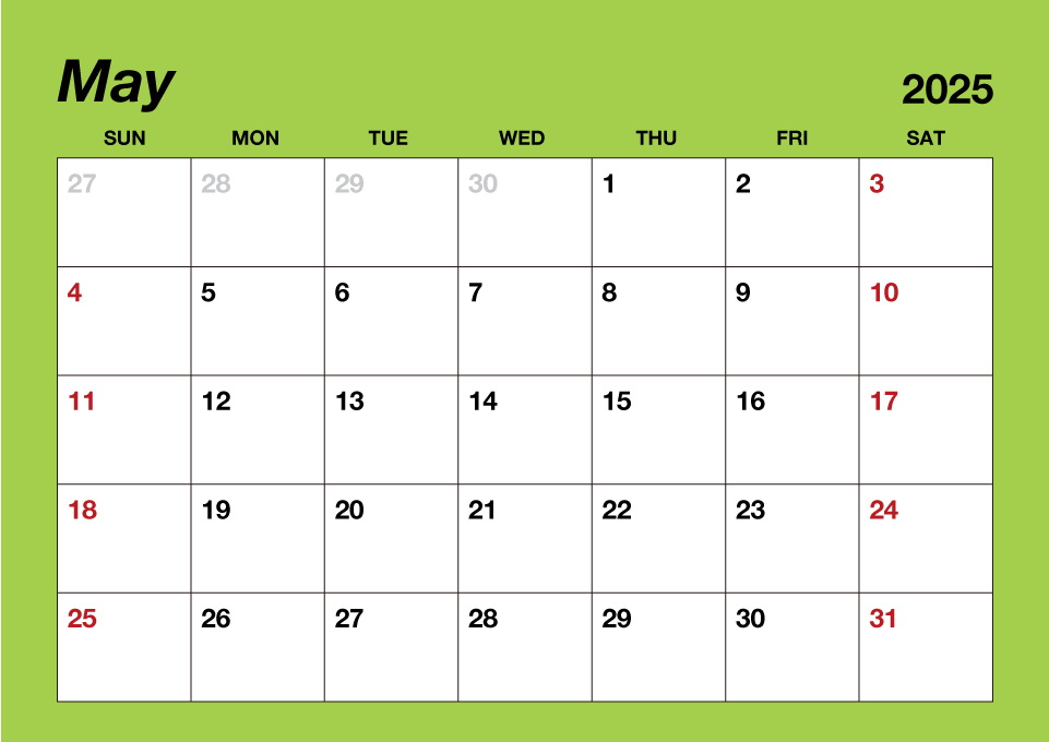 Calendario de color simple de mayo de 2025
