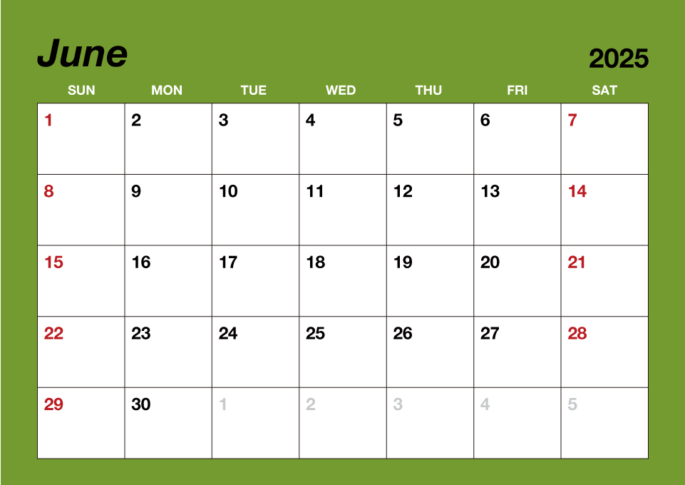 Calendario de color simple de junio de 2025