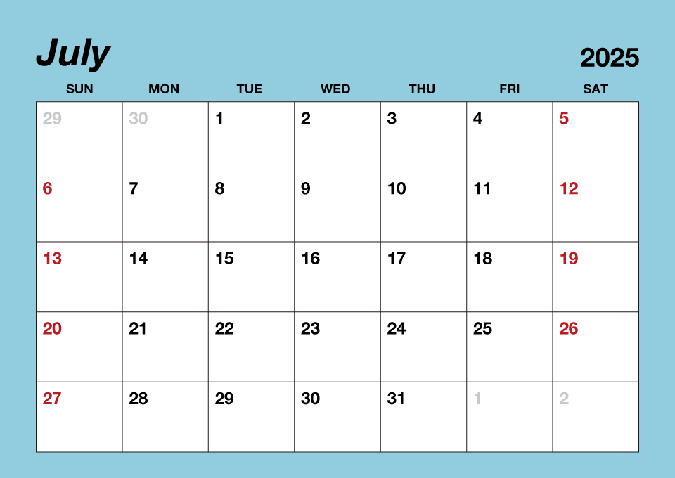 July 2025 Simple Color Calendar