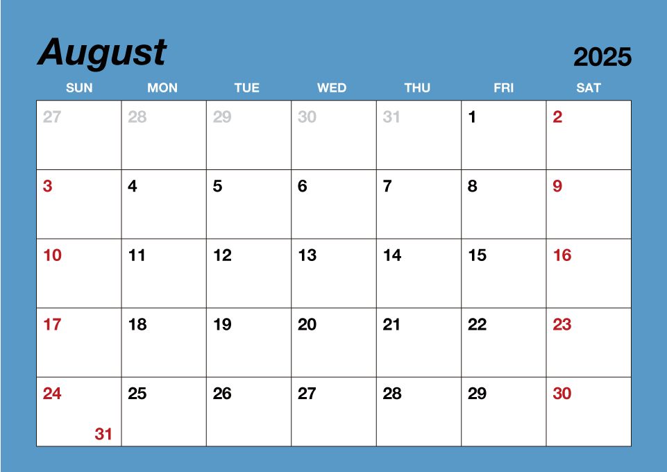 August 2025 Simple Color Calendar