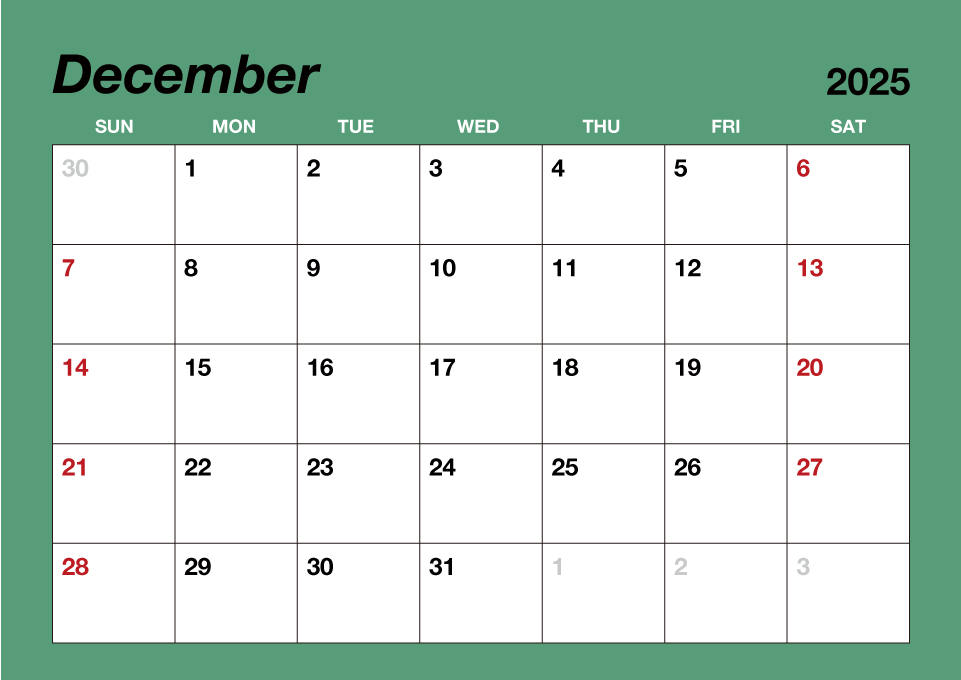 Calendario de color simple de diciembre de 2025