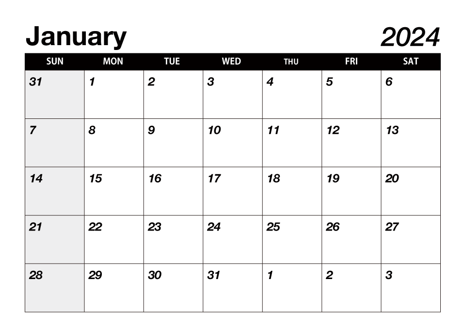 Black January 2024 Calendar