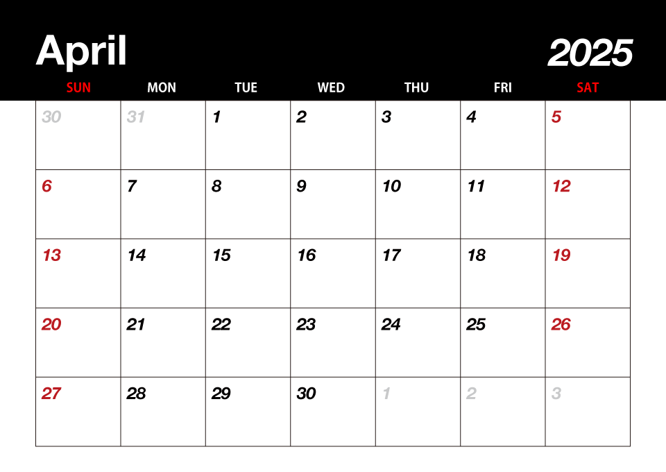 Calendario Negro Abril 2025