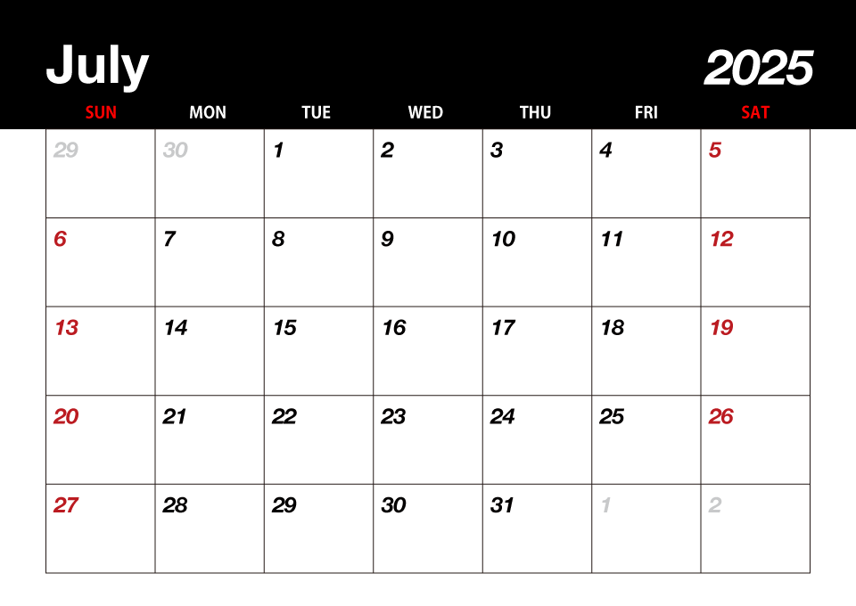 July 2025 Black Calendar