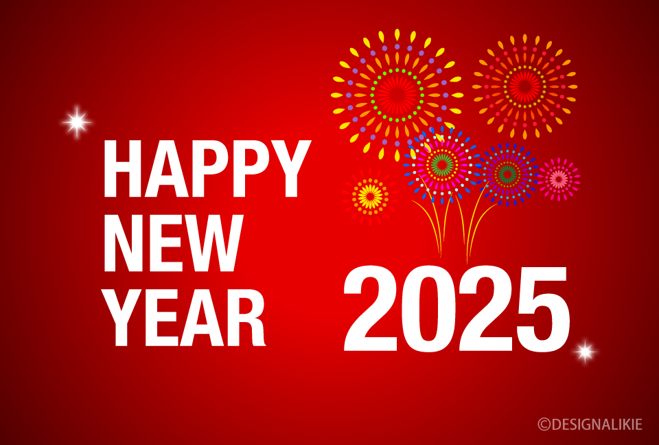 Fuegos artificiales en tarjeta roja de año nuevo 2025