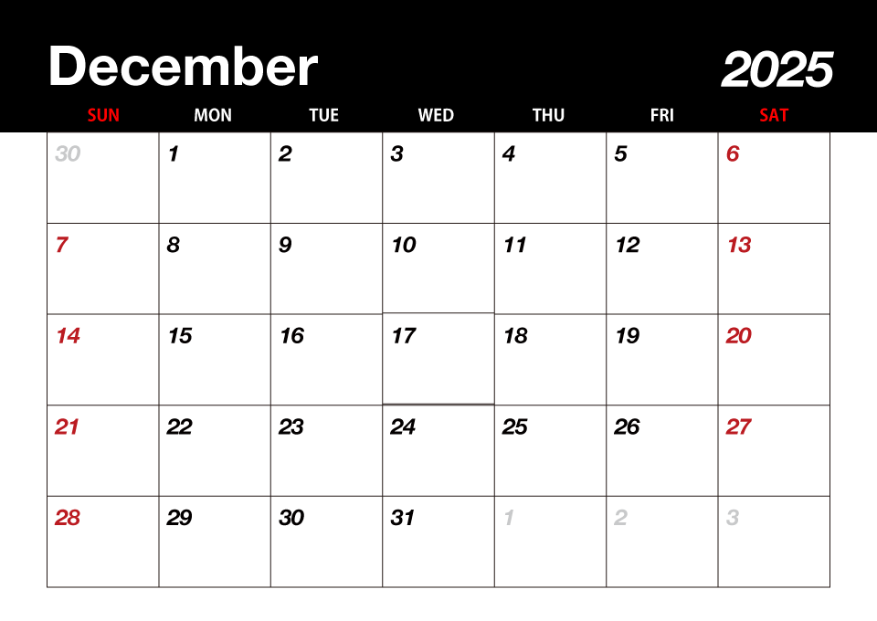 December 2025 Black Calendar