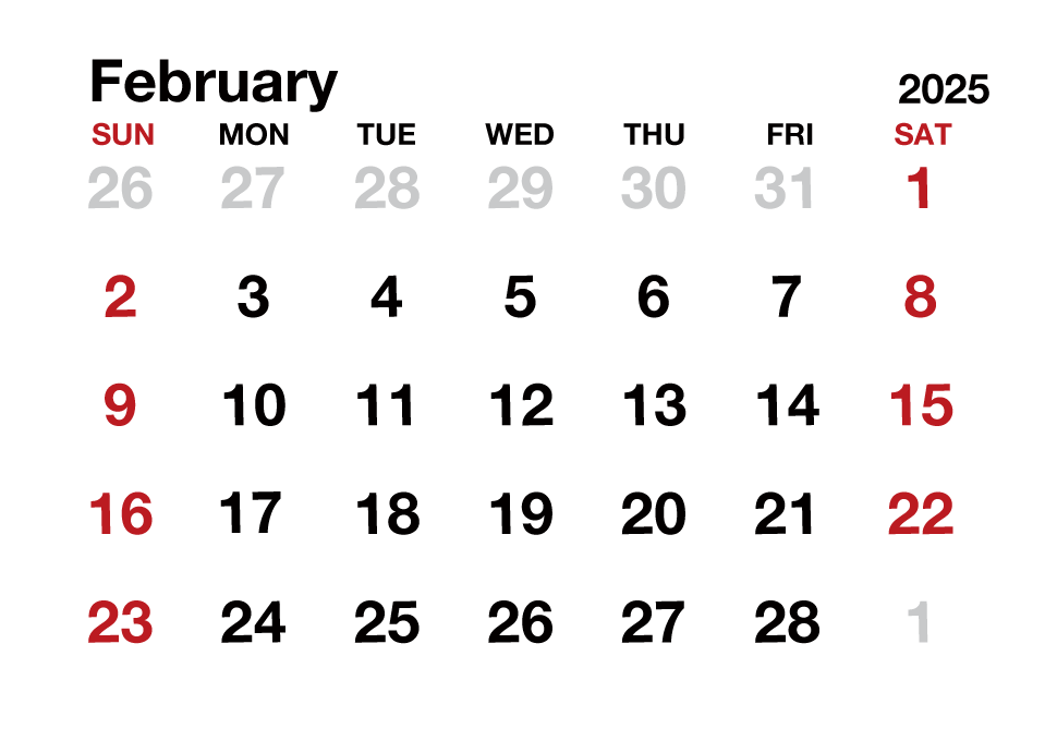 February 2025 Calendar without Lines