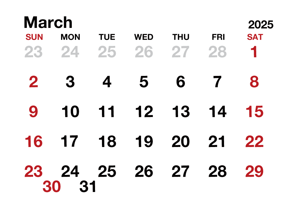 March2025 Calendar without Lines