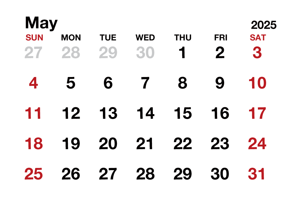 Calendario Mayo 2025 sin Líneas