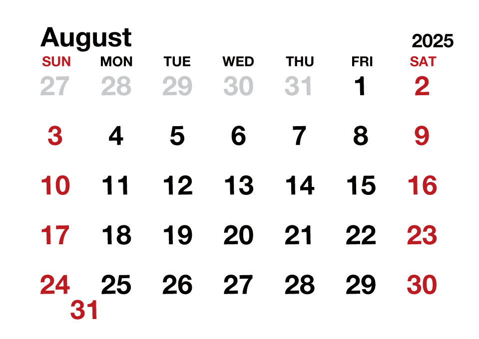 August 2025 Calendar without Lines