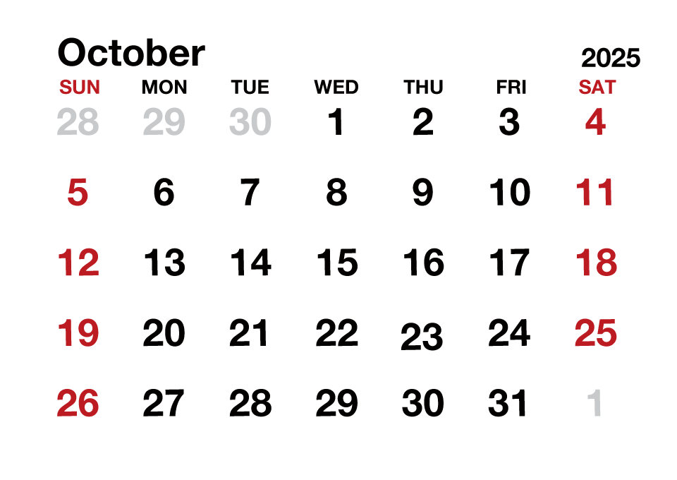 October2025 Calendar without Lines