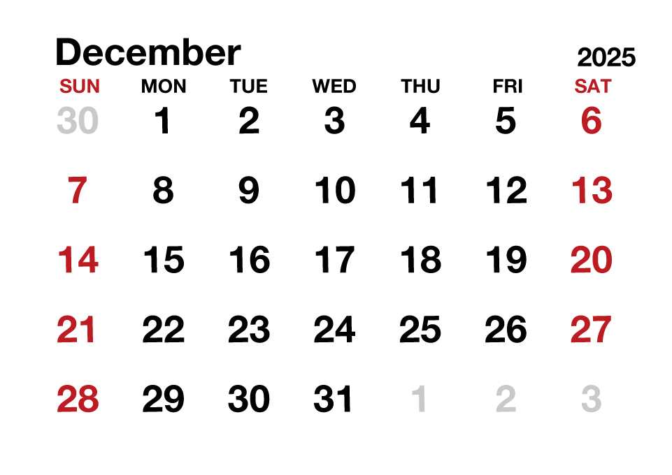 December 2025 Calendar without Lines