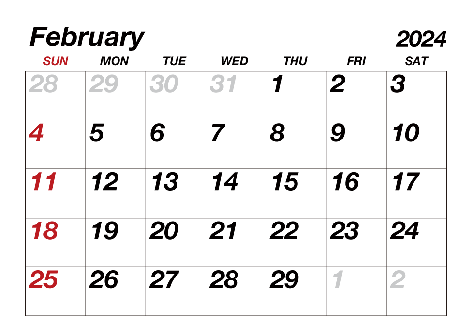 Calendario Febrero 2024 con Texto Grande