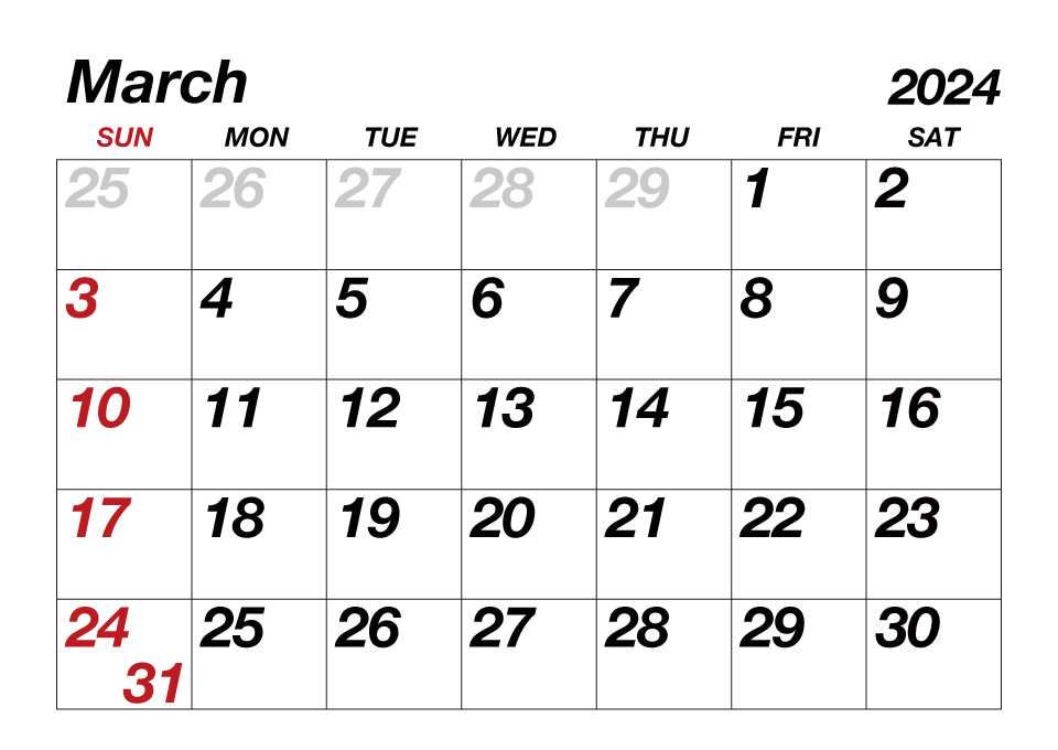 March2024 Calendar Large Text