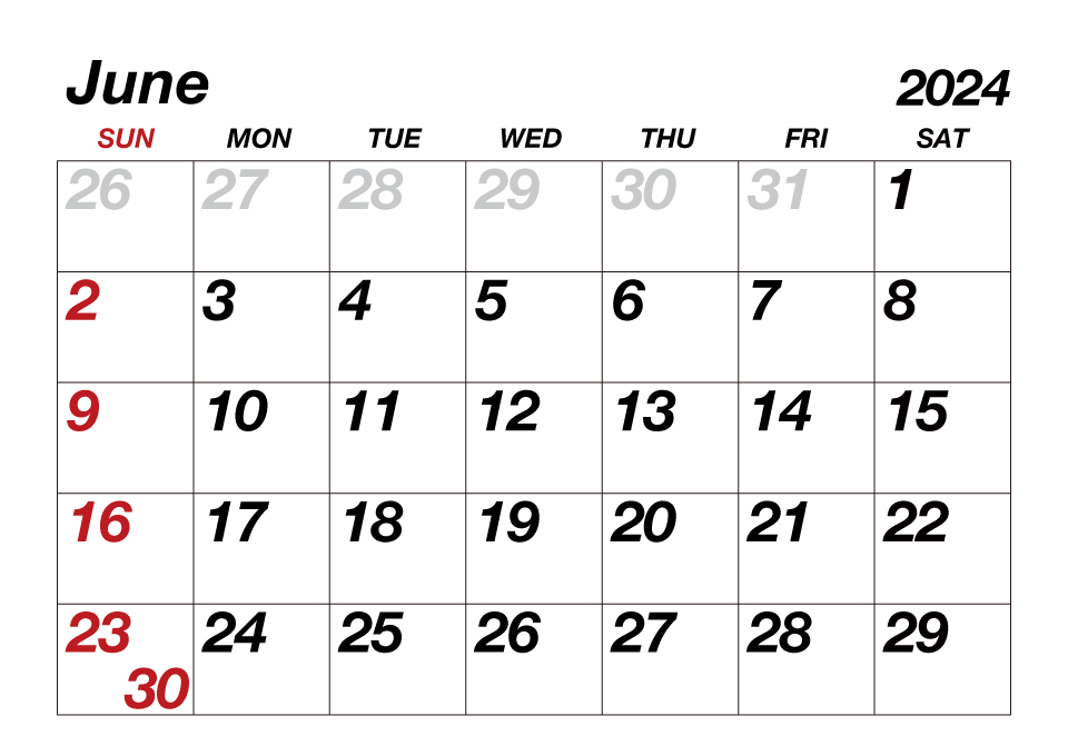 June 2024 Calendar Large Text