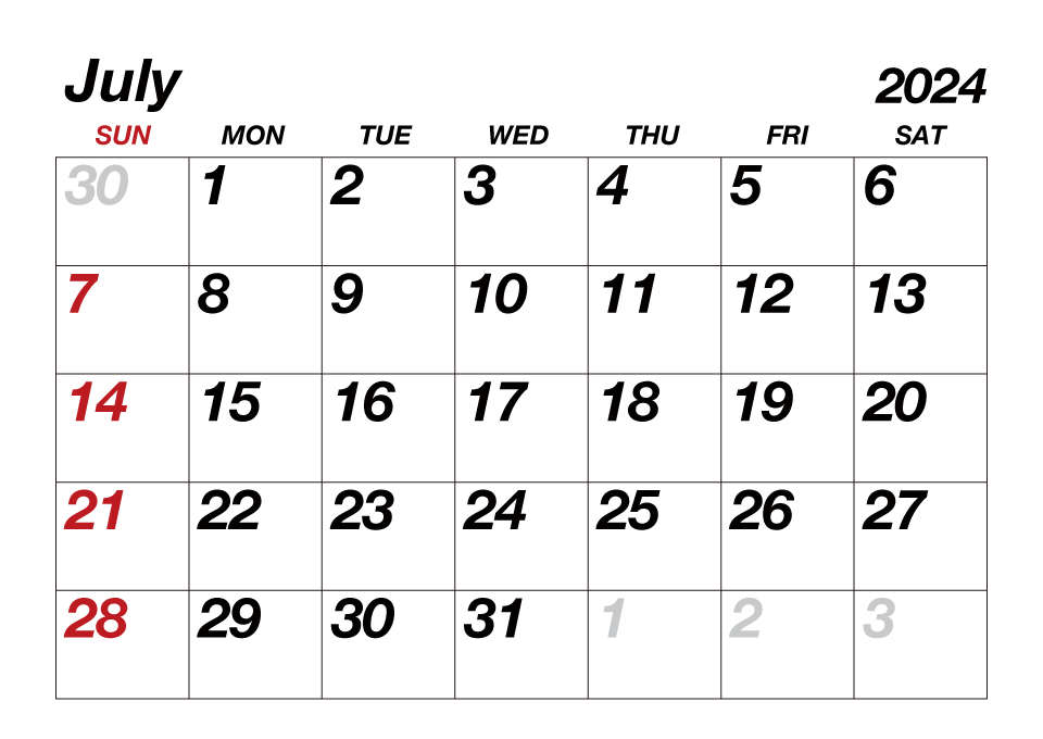 July 2024 Calendar Large Text