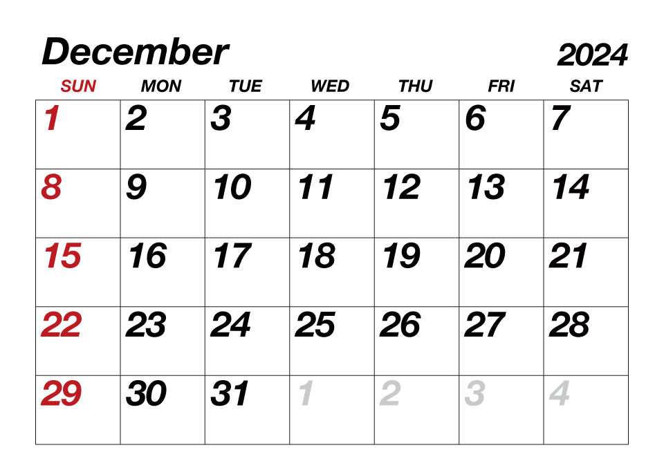 December 2024 Calendar Large Text