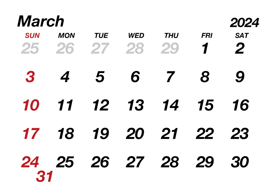 March2024 Calendar without Lines