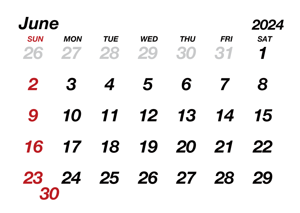 June 2024 Calendar without Lines