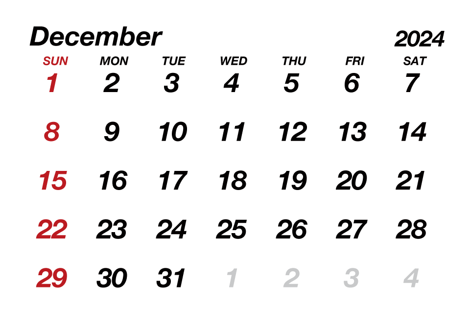 December 2024 Calendar without Lines