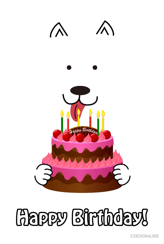 Happy birthday cake and white dog