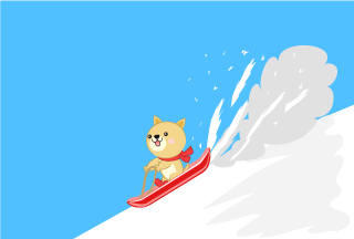 Dog character skiing on a snowy mountain with a sled