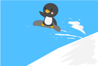 Pingüino saltando snowboard