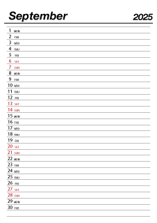 September 2025 Schedule Calendar