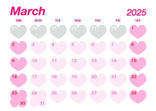 Calendario de corazón rosa de marzo de 2023