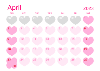 Calendario de corazón rosa de abril de 2023