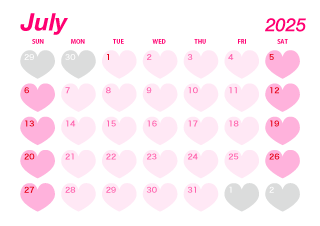 Calendario de corazón rosa de julio de 2023