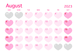 Calendario de corazón rosa de agosto de 2023
