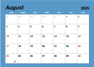 August 2025 Simple Color Calendar