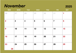 Calendario de color simple de noviembre de 2023