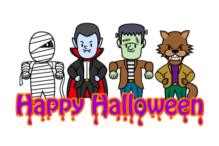 4 monstruos Feliz Halloween Texto