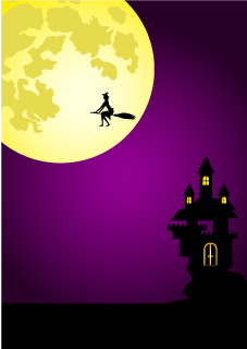 Witch flying at full moon night