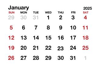 January 2025 Calendar without Lines