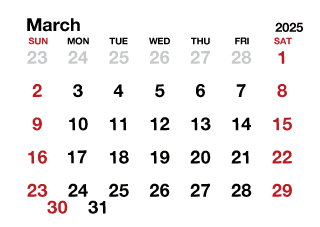March2025 Calendar without Lines