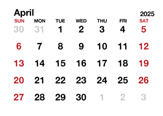 April2025 Calendar without Lines