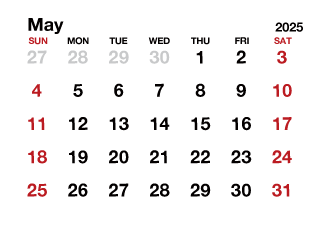 May 2025 Calendar without Lines